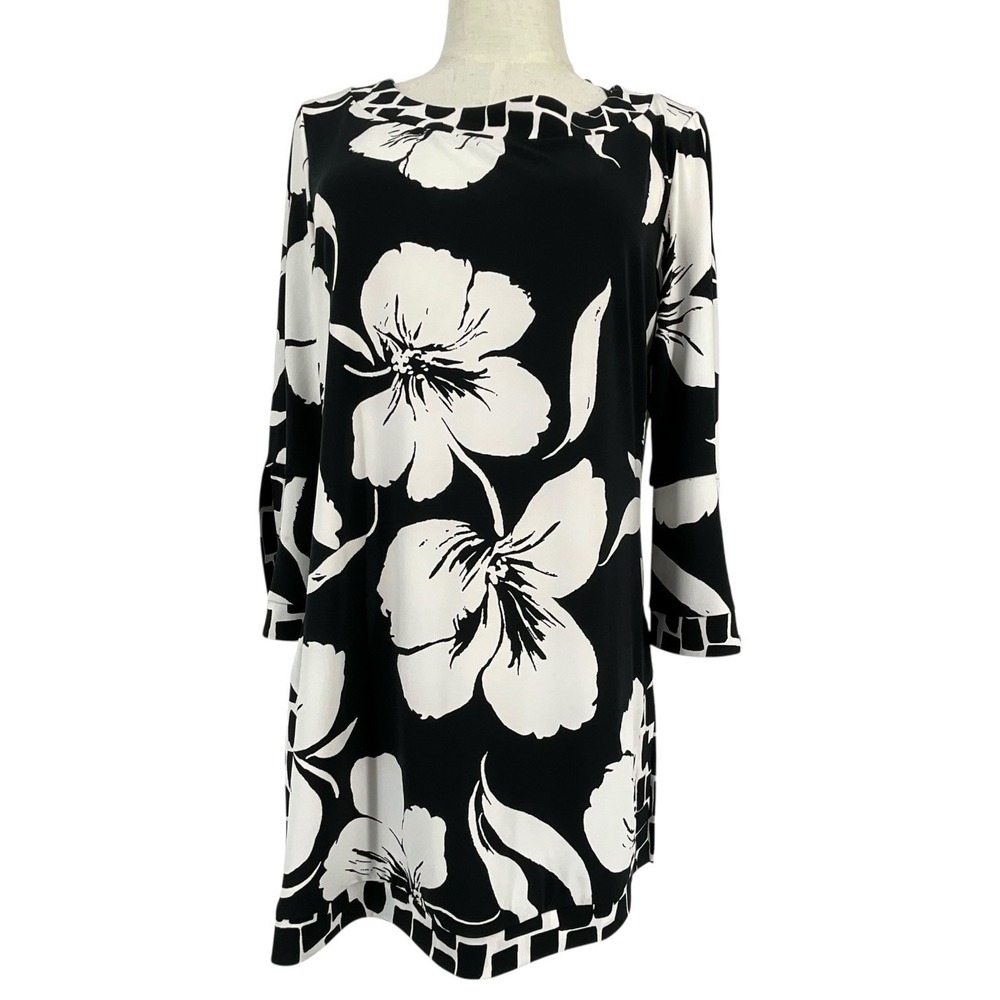 Tribal Womens Black White Floral Stretch Tunic 3/4 Bell Sleeve Med Travel